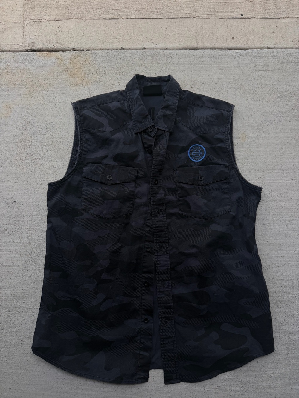 Harley-Davidson Black Camo Sleeveless Button-Up Shirt